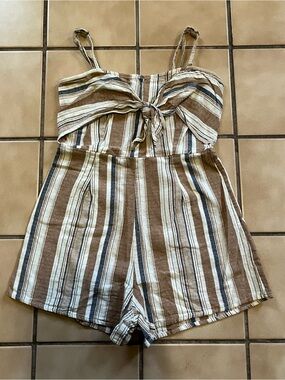 darek heart Striped Tie-Front Romper in Brown, Cream & gray